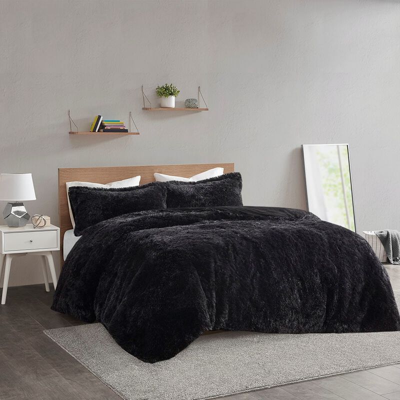 Gracie Mills Susie Solid Shaggy Long Fur Duvet Cover Set
