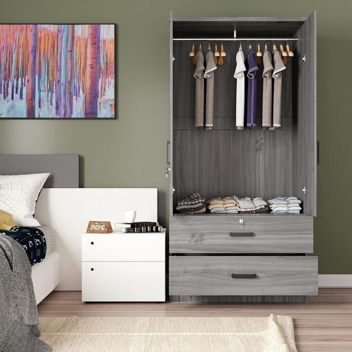 Mirrored 2 Door Wardrobe & 2 Drawers in Grey Color