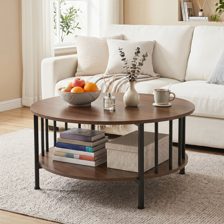 2 Tier Round Coffee Table with Open Storage Shelf and Metal Frame