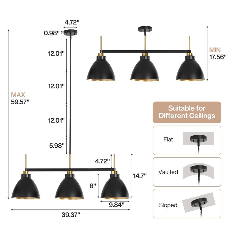 Three-Light Linear Kitchen Island Light, Black and Gold Dome Shades image number 2