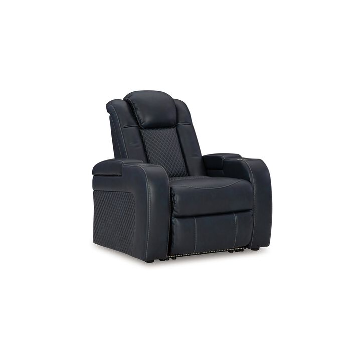 Fynne LED Power Recliner Chair, USB Port, Sapphire Blue Faux Leather - Benzara