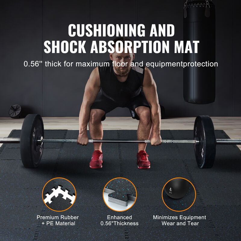 0.56" Thick Gym Floor Mats 25 Tiles Rubber Top with EVA Foam Black & Blue image number 1