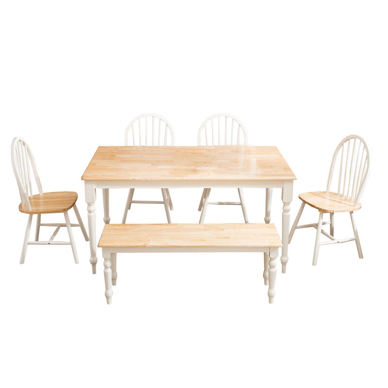 6 Piece Farmhouse Wooden Dining Set, White and Brown - Benzara