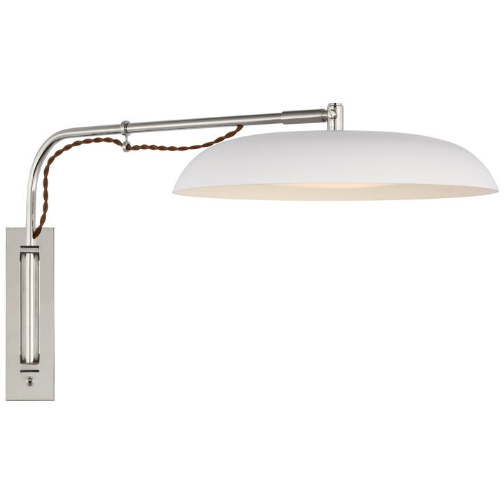 Cyrus Medium Articulating Wall Light in Polished Nickel and White with White Glass