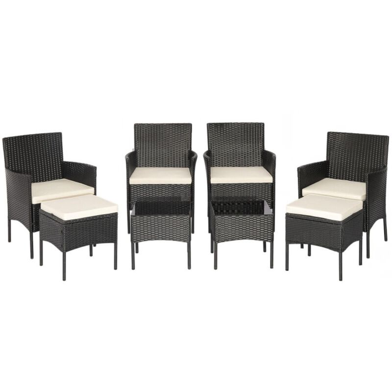 Hivvago 8 Pieces Patio Wicker Conversation Set with 2 Coffee Tables and 2 Ottomans