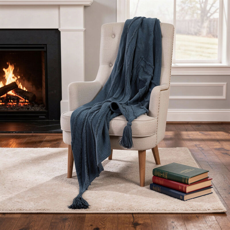 HomeRoots 50" X 60" Blue Cotton Woven Geometric Throw Blanket with Tassels image number 1