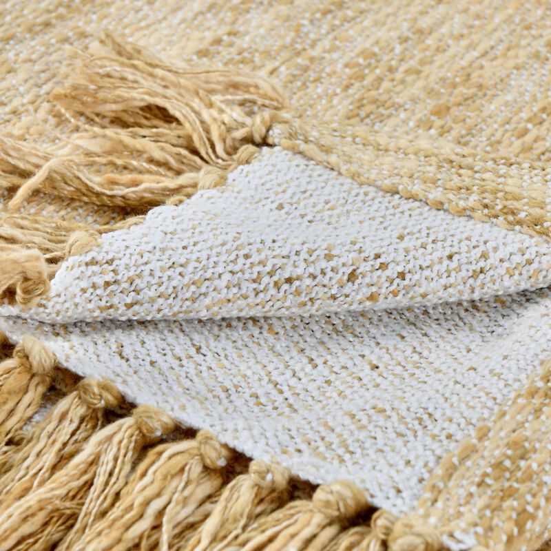 Avu Throw Blanket, 50x70 Yellow Cotton and Polyester, Knotted Tassels - Benzara