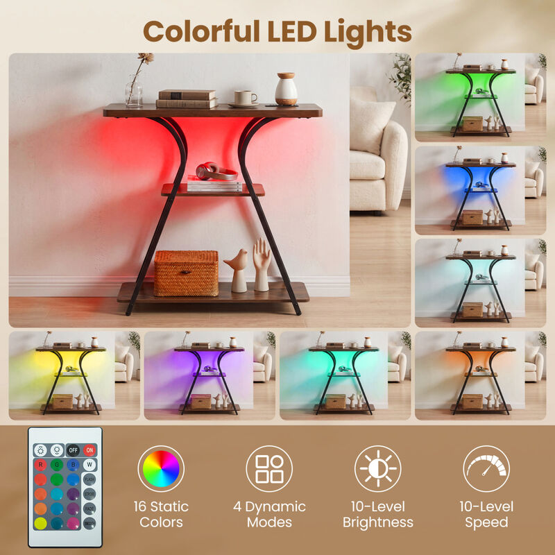 Narrow Console Table with LED Lights and Charging Station for Hallway-Brown image number 4