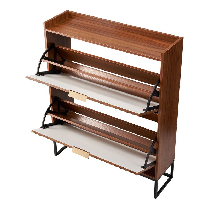 Mid-Century 2-Drawer Shoe Cabinet with Anti-Tip, Freestanding Walnut Shoe Rack image number 9