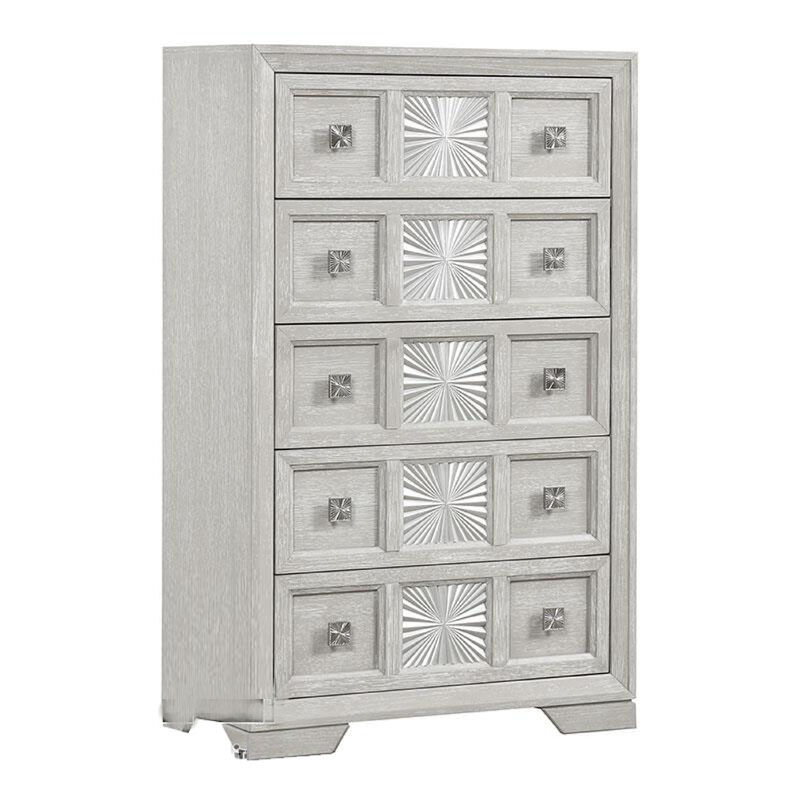 Diaz Tall Dresser Chest, 5 Drawers, Sunburst Metal Design, Light Gray - Benzara