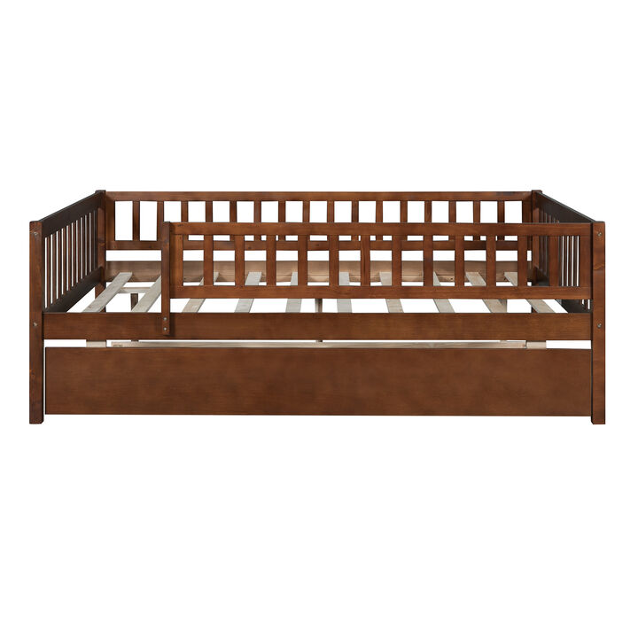 Whisen Full Size Wood Daybed with Trundle & Guardrails, Solid Wood & MDF Low Profile Bed for Kids Bedroom