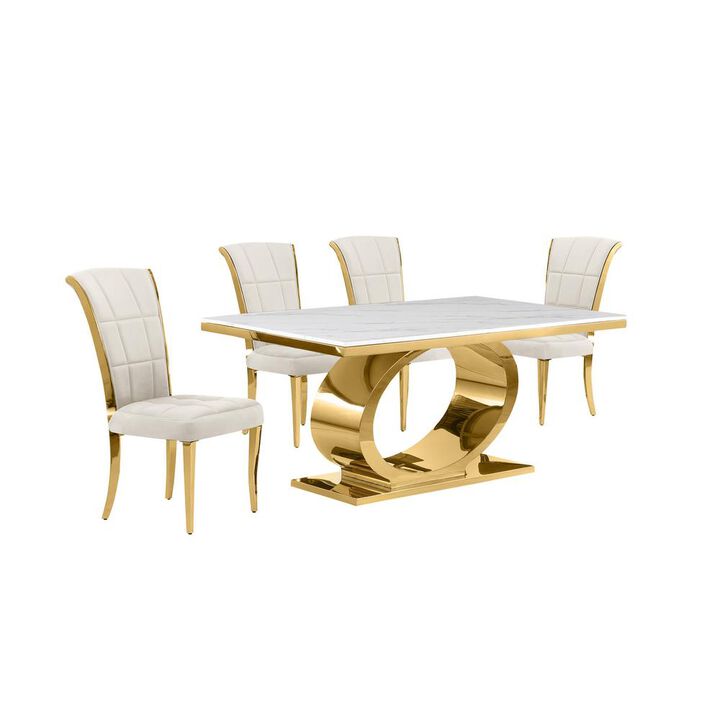 5pc Small(68") marble top dining set with gold base and 4 Cream side chairs