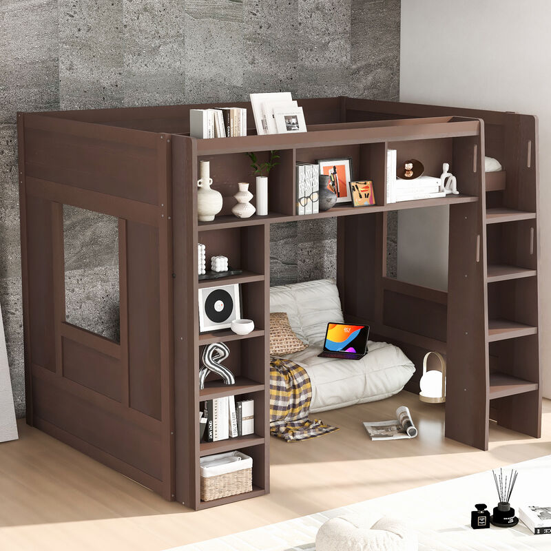 Merax Queen Wooden Loft Bed with Storage Cabinets image number 3