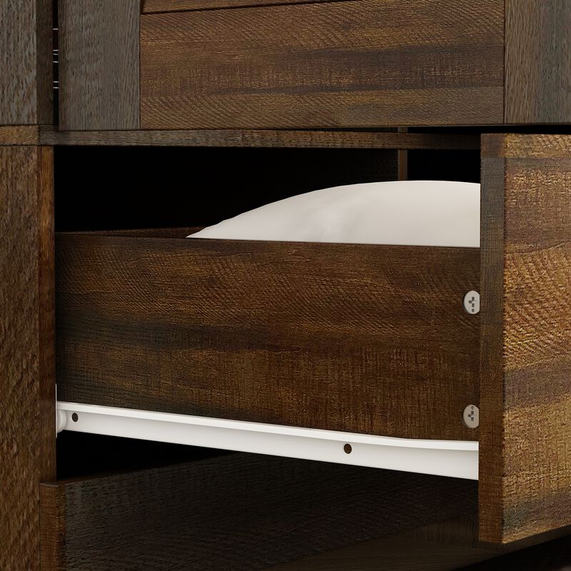 Brown Wood 59.1 in. W Shutter Doors Armoires Wardwore Farmhouse Style with 5-Drawers, Hanging Rod (70.5 in. H x 19.1 in. D)