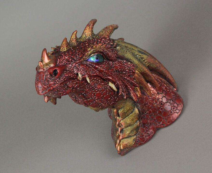 Red Dragon Head Wall Mounted Sculpture With LED Lighted Eyes