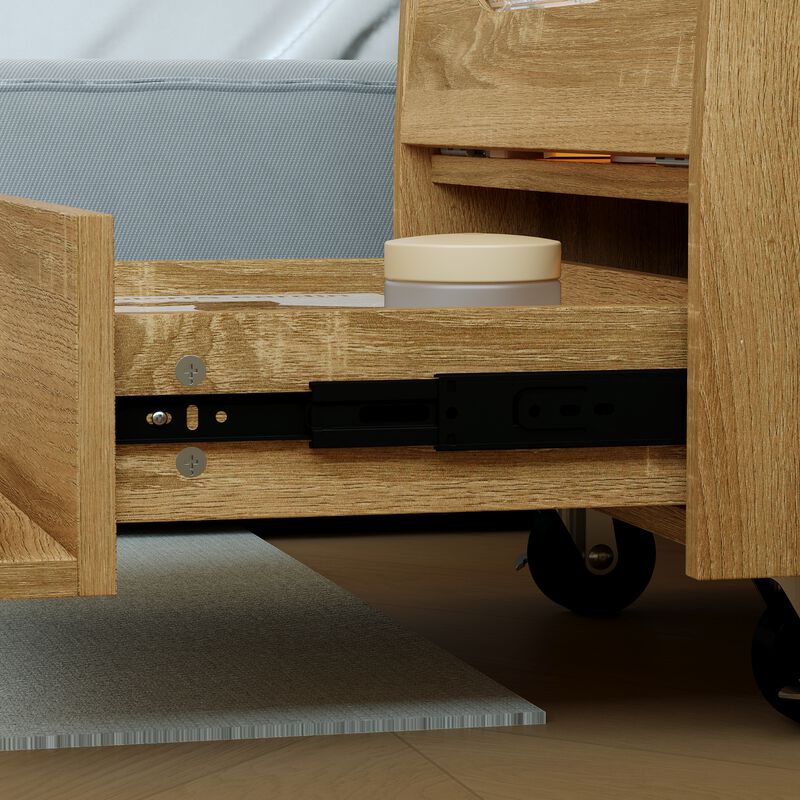 FUFU&GAGA Modern Robot Design Nightstand with 360° Swivel Top, Glass Door and Drawer, Touch LED Lighting, (18.9 in. W x 16.8 in. D x 29.4 in. H), Brown