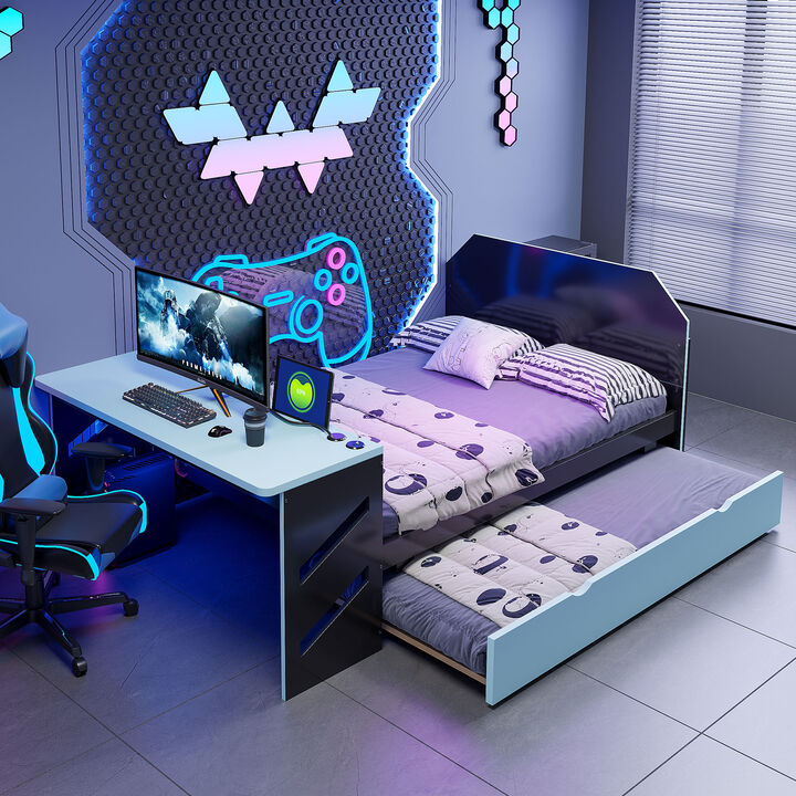 Merax Full Size Gaming Daybed with Twin Trundle, Work Desk, USB Port & Cable Hole