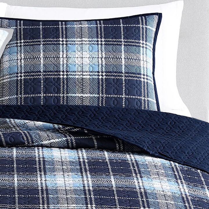 Ivy 2 Piece Twin Size Plaid Coverlet with Matching Sham, Blue, White - Benzara