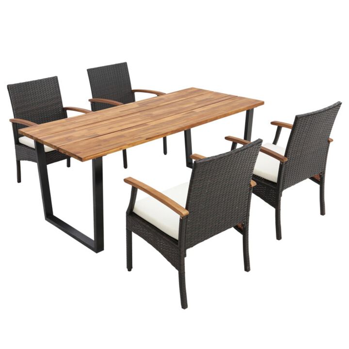 Mondawe 5-Piece Outdoor Wicker Dining Set,Acacia Wood Table With 2" Umbrella Hole,Removable Cushions