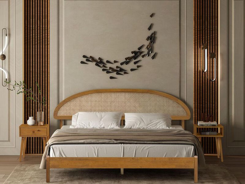 Gem Wooden Bed Frame With Headboard And Natural Rattan, Solid Oak/Rubber Wood Foundation With Silent Slats, 1000 Lb Capacity, Effortless Assembly (Natural Cane - Rustic Oak, King)