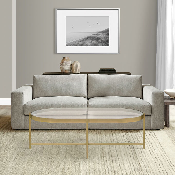 Coffee Table with Oblong Glass Top and Metal Frame, Gold-Benzara