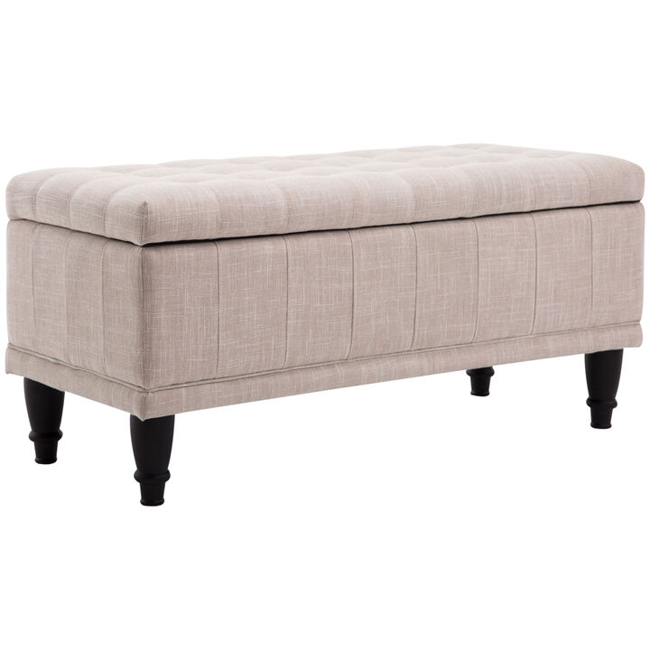 HOMCOM Storage Ottoman, Linen Fabric Button Tufted Storage Bench with Soft Close Lid for Living Room, Entryway or Bedroom, Beige