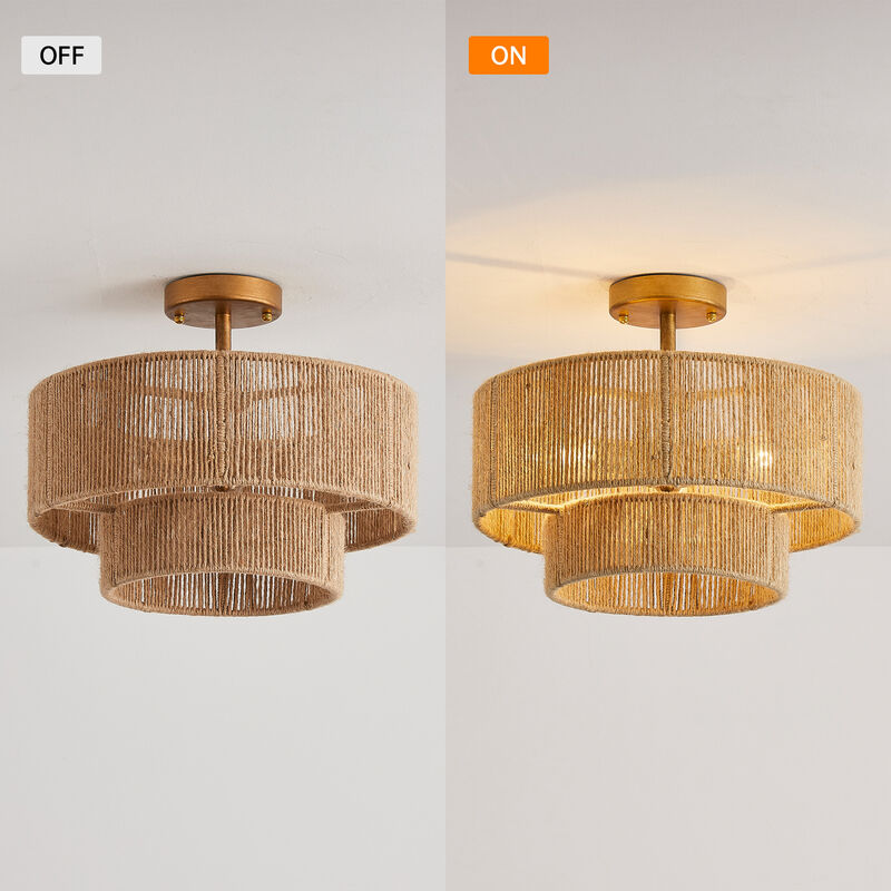 15" Bohemian Gold 2-Tier Hemp Rope Semi Flush Mount Ceiling Light