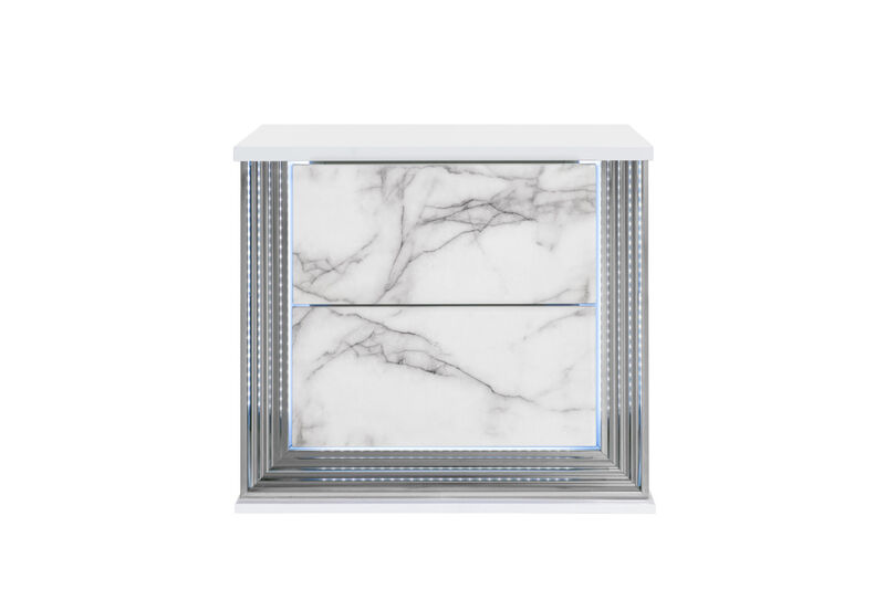 Minimalist Two Drawer Nightstand – Wood & Faux Marble Bedside Table with Light