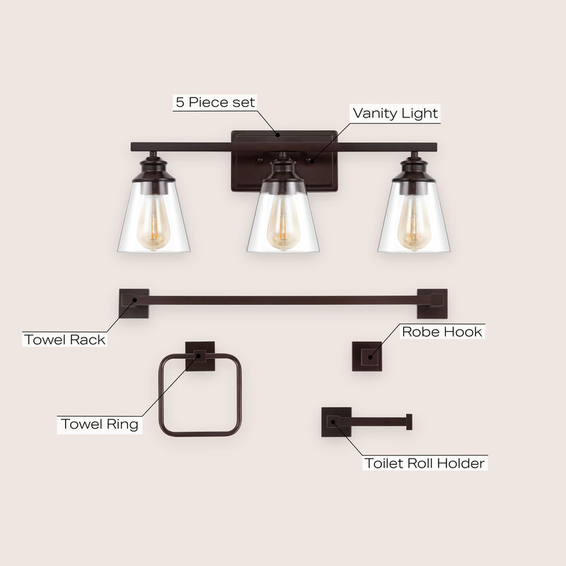 Arlo 22.88" 3-Light Vintage Classic Vanity Light with Bathroom Hardware Accessory 5-Piece Set