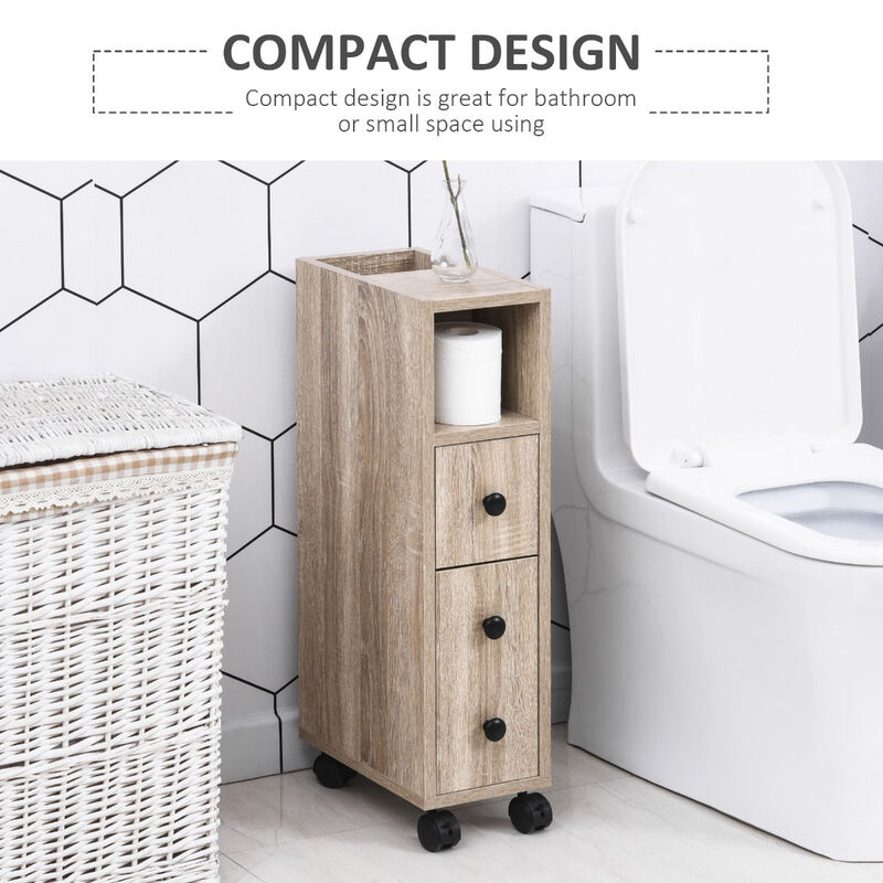 Oak Bathroom Storage: Compact Cabinet with Wheels and Multiple Compartments