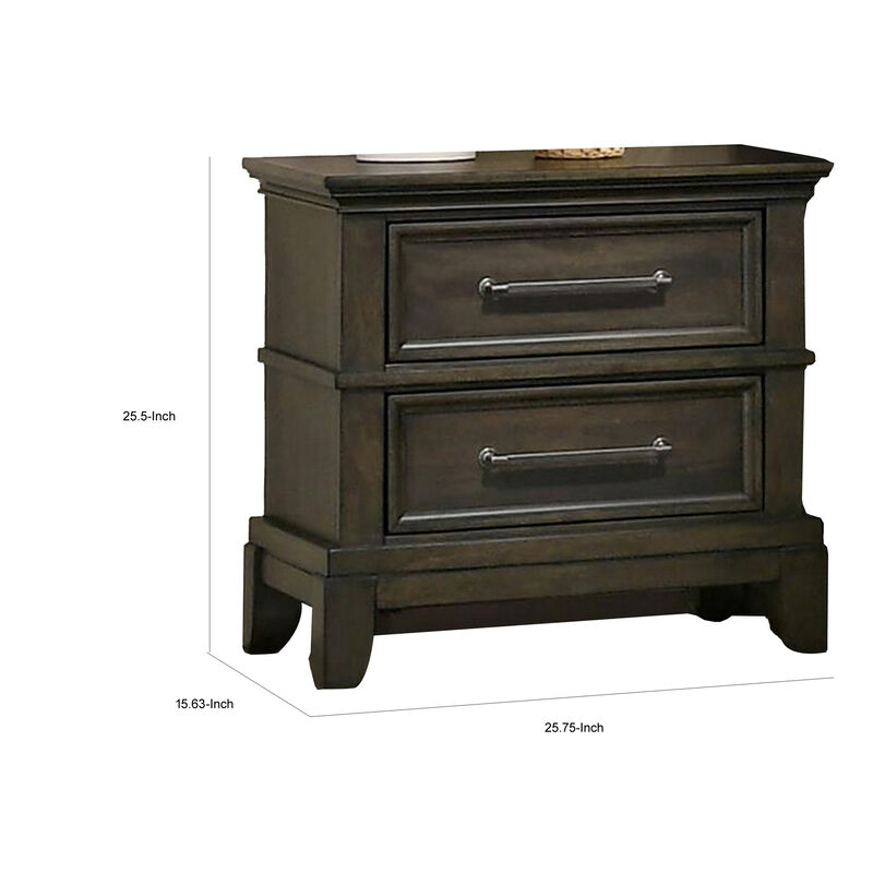 Ston 26 Inch Nightstand, 2 Drawers, Pewter Handles, Crown Mold, Wood, Gray - Benzara
