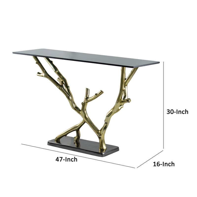 47 Inch Console Table, Artistic Branch Metal Frame, Black Glass Top, Gold-Benzara