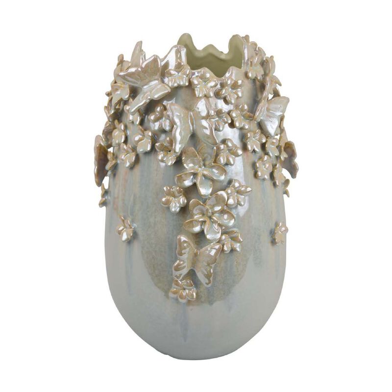 Accent Vase, Gray Silver Ceramic, Flowers and Butterflies, 14 Inch