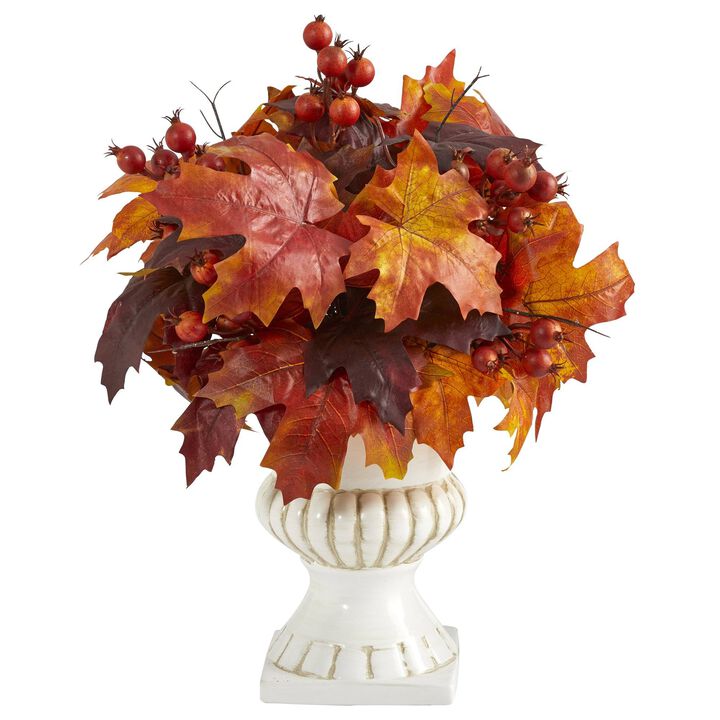 Nearly Natural 20-in Autumn Maple Leaf and Berries Plant in White Urn
