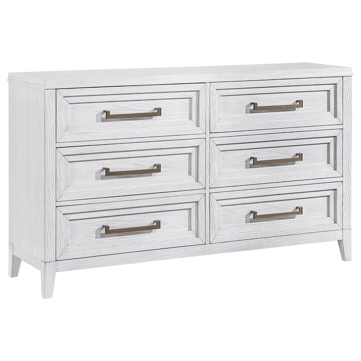 Leva Wide Dresser, Classic Distressed White Acacia Wood, 6 Drawers - Benzara