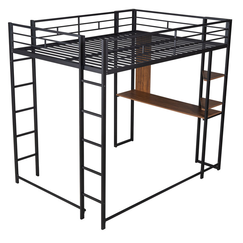 Full Size Metal Loft Bed with 2 Shelves and one Desk, White