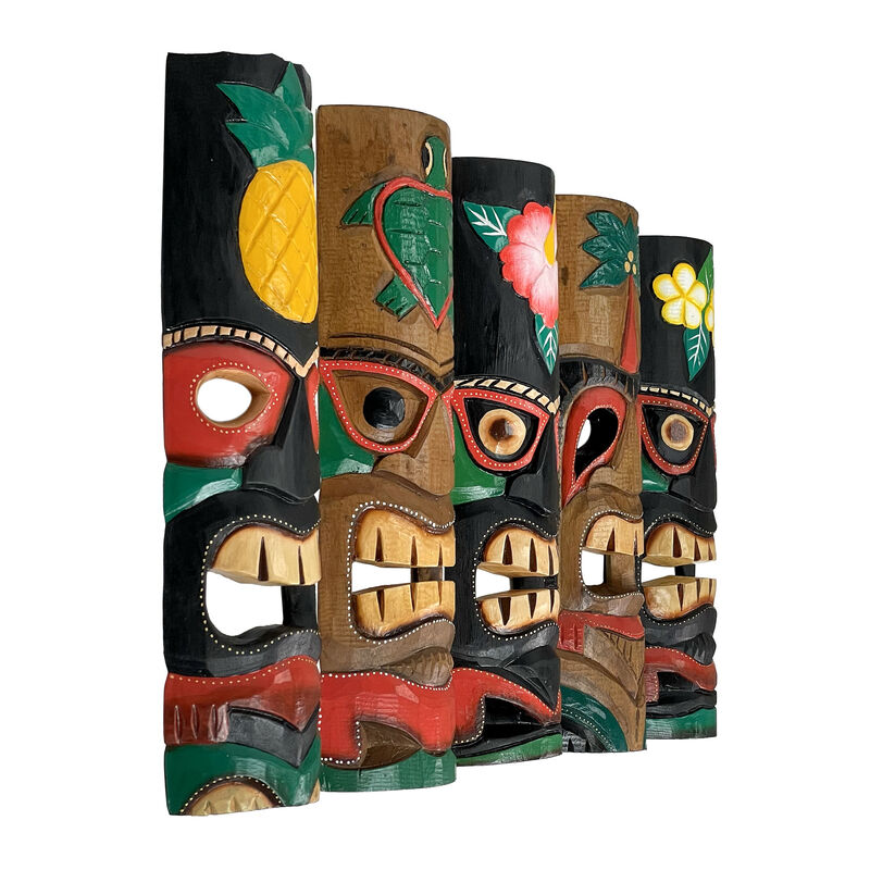 Set of 5 Colorful Tropical Polynesian Style Wooden Tiki Wall Masks 20 Inch image number 1