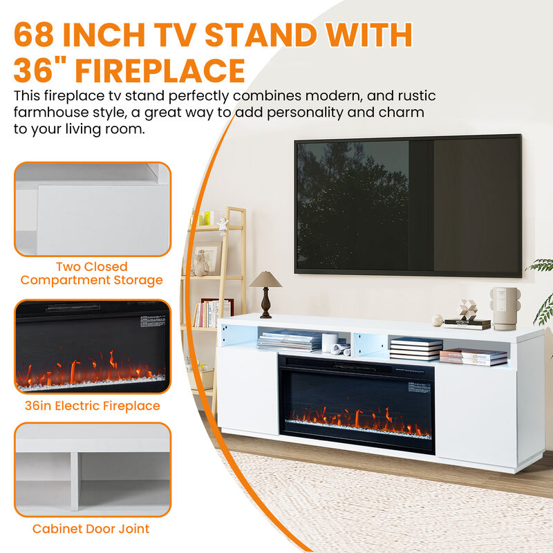 68" White LED TV Stand with Storage and 36" Insert Electric Fireplace for TVs up to 78"