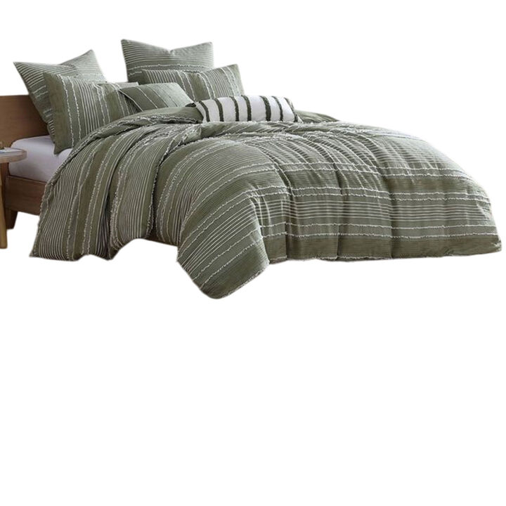 Meo 5pc King Size Comforter Set, Green Textured Woven Jacquard Stripe
