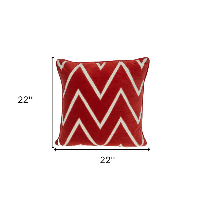 HomeRoots 22" Beige and Red Zigzag Cotton Throw Pillow with Embroidery and Applique image number 5