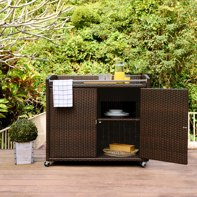 Veronica Outdoor Portable PE Rattan Serving Cart with Wheels, Brown image number 1