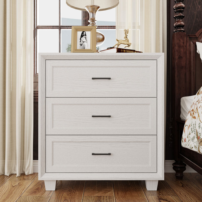 FUFU&GAGA Classic White Wood Grain Dresser Nightstand with 3-Tier Drawers, Black Pulls & Beveled Edge Design (34.4" Hx 31.4" W x 15.7" D)