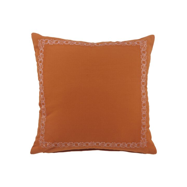 20" Cinnamon Orange and White Embroidered Border Square Throw Pillow