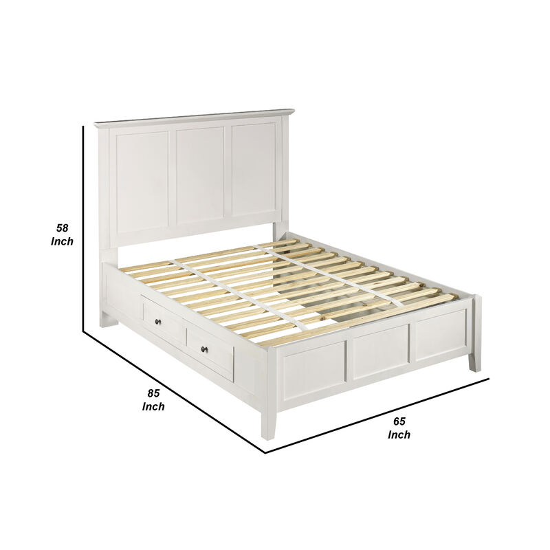 Neo Solid Mahogany Wood Panel Queen Bed, Storage, Beveled Trim Top, White
