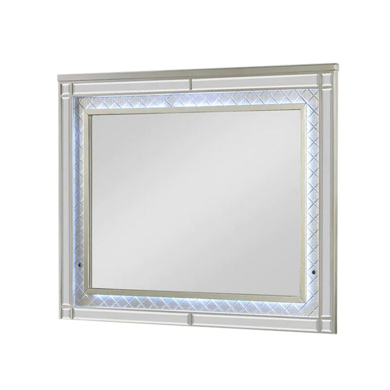 Benjara Cristo 62 Inch Wide Dresser with Mirror, 6 Drawers, Champagne Cross Pattern, Silver