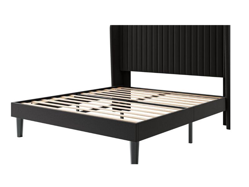 Queen Size Velvet Bed Frame With Vertical Channel Tufted Wingback Headboard, Upholstered Platform Bed With Wood Slats, No Box Spring Needed, Easy Assembly, Black