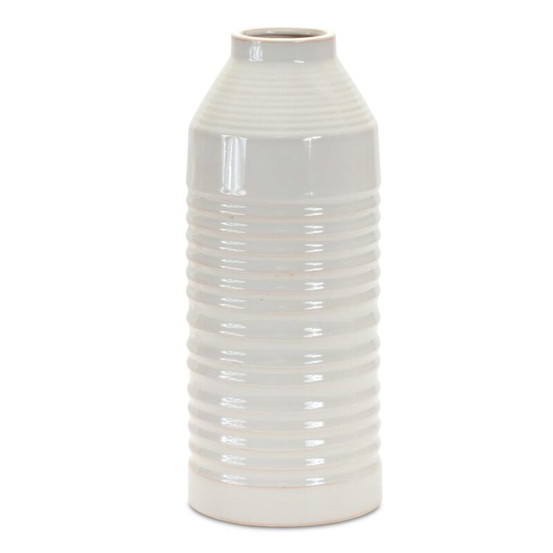 Hivvago 15 Inch White Ribbed Cylinder Terracotta Table Vase