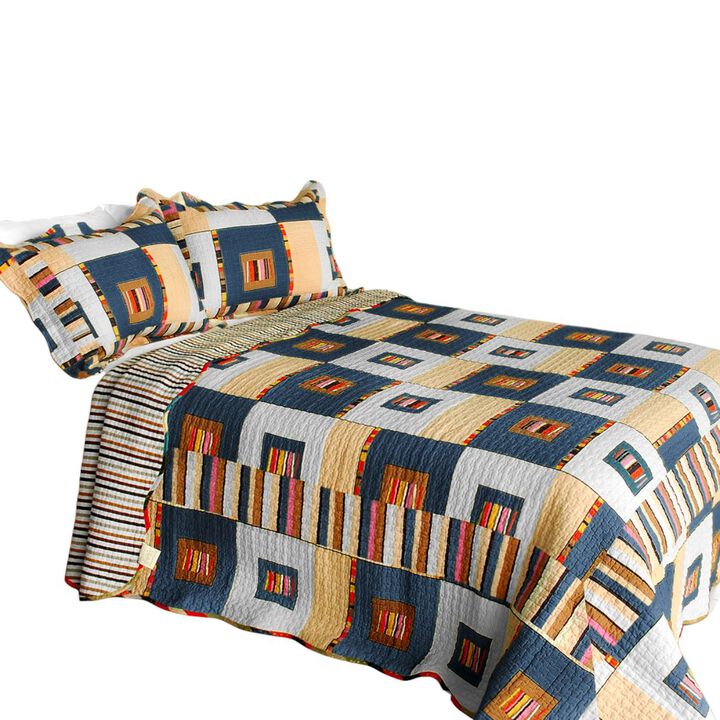 Cotton Queen Size 3PC Plaid Printed Quilt Set Dim Light Vermicelli Quilted Set
