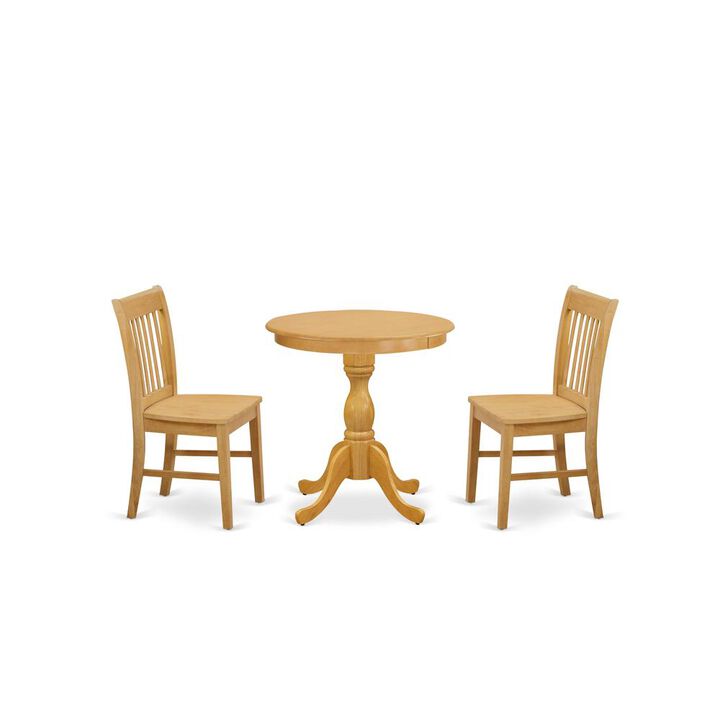 East West Furniture - ESNF3-OAK-W - 3-Pc Kitchen Table Set - 2 Dining Room Chairs and 1 Modern Dining Table (Oak Finish)
