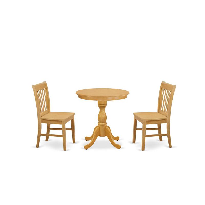 East West Furniture - ESNF3-OAK-W - 3-Pc Kitchen Table Set - 2 Dining Room Chairs and 1 Modern Dining Table (Oak Finish)